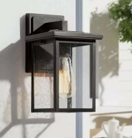 LNC 1-Light Matte Black Outdoor Wall Sconce with Clear Seeded Glass Shade A04120 New In Box $199