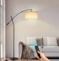 Bicik 72 in. Black Modern 1-Light Dimmable Adjustable Arm Arc Floor Lamp with Beige Linen Drum Shade New In Box $199