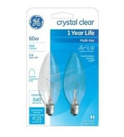 GE Candelabra Light Bulb, Blunt Tip, Clear, 60-watts, 2-pk. New In Box