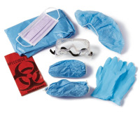 Medline Employee Protection Kit with Goggles Includes: 24" Bouffant Cap, pair of powder-free nitrile chemo exam gloves (size large), standard vent goggles, closed-back poly isolation gown with elastic cuffs (size large), infectious waste red liner (17" x 