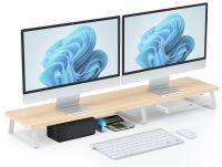 Roslim Store Large Dual Monitor Stand Riser - Monitor Stand for 2 Monitors, Wooden Computer Stand For Desk with Metal Legs, Desk Organizers and Storage With Drawer, Desk Shelf for Computer/Laptop/Printer/TV, Oak Similar to Picture New In Box $79