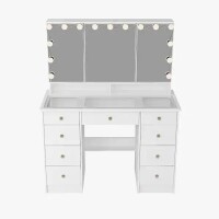 FUFU&GAGA White Makeup Vanity Desk 9-Drawers Wood Dressing Table With 3 Mirrors, Glass Top, Hidden Storage Shelves, LED Bulb Light, New in Box $399