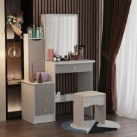 FUFU&GAGA 4-Drawers Gray Wood Makeup Vanity Table Stool Set Rectangle Mirror with Storage Shelves, New Open Box $299