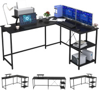 OUTFINE 59'' L Shaped Desk Corner Desk Double Computer Desk Home Office Gaming Workstation with Storage Shelves and Monitor Stand, Black, New in Box $299