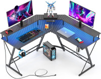 Mr IRONSTONE Gaming Desk with Led Lights ?Power Outlet, L Shaped Carbon Fiber Home Office Computer Corner Desk with Cup Holder,Headphone Hook & Large Monitor Stand, Graphite Black, 50'', New in Box $499