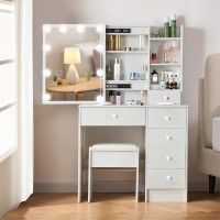 Onesaimei White Vanity Set with Lighted Mirror, Women Girls Makeup Dressing Table for Bedroom with 4 Drawers and Cushioned Stool, New Open Box $499