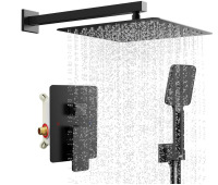 JQBQS Shower System Modern Rain Brass Faucet Set With Valve and Diverter Shower Mixer With Handheld High Pressure Square Rainfall Shower Valve (12'' Wall Mount, Matte Black) New In Box $299