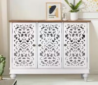 PHI VILLA White Hollow-Carved Cabinet with 3-Door, H 31.5 in. x W 41.7 in. x D 13 in. New In Box $409