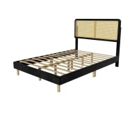 Cozy Castle Full Size Bed Frame with Adjustable Rattan Headboard, Boho Platform Bed Frame with Sturdy Slats Support, No Box Spring Needed, Black New In Box $399