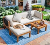 Tozey Hawaii Vibe 5-Piece Acacia Patio Conversation Set Rope Woven Chic Outdoor Sectional Sofa with Table and Cream Cushions New in Box $699