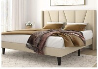 Amolife King Size Upholstered Platform Bed Frame with Wingback & Geometric Headboard, Light Beige New Open Box $399