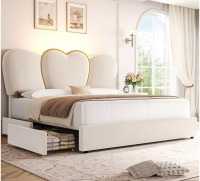 HITHOS Queen LED Bed Frame with 4 Storage Drawers, Modern Velvet Upholstered Platform Bed with 55" Tall Heart Shaped Headboard, Solid Wooden Slats Support, No Box Spring Needed, Metal Trim, Beige New In Box $499