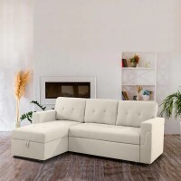 HOMESTOCK 78" W Stylish Reversible Velvet Sleeper Sectional Sofa Storage Chaise Pull Out Convertible Sofa in Cream, (2 Boxes), New in Box $599