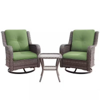 Joyside 3-Piece Wicker Patio Swivel Outdoor Rocking Chair Set with Green Cushions and Table, New in Box $699