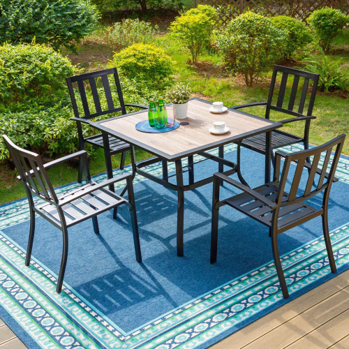 MF Studio 5-Piece Outdoor Patio Dining Set with Stacking Chairs & Faux Wood Table for 4-Person, Metal Steel, Black, (Similar to Picture), New in Box $499