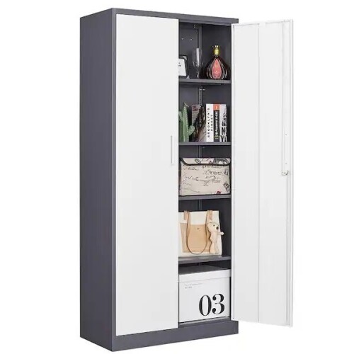 Mlezan Metal Storage Cabinet 15.74"D x 31.5"W x 71"H in Gray White, with 4 Shelves and 2 Doors, New in Box $499