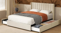 Jeilyn Upholstered Platform Drawer Storage Bed, King, Cream, New in Box $599