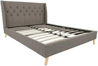 Novogratz Her Majesty Upholstered Linen Bed, Tufted Wingback Design and Wooden Legs, Full Size, Grey Linen, New in Box $599