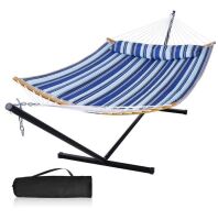 Mansion Home 12 Ft Yard Hammock with Stand, 2 Person Hammock Freestanding with Curved Spreader Bar for Outside with Portable Bag, Heavy Duty 450 lbs, Blue Stripes New Open Box $239