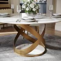 Oren Ellis White Marble/Bronze Huriel Round Marble, Modern Glossy Dining Table with X Carbon Steel Base (2 Boxes) New in Box $1799