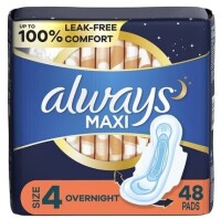 Always Maxi Overnight Pads With Wings for Women, Overnight Absorbency Unscented, Size 4 (48 ct) New