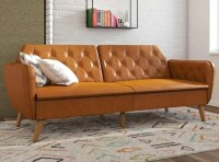 DHP Novogratz Tallulah Memory Foam Futon, Convertible Couch, Camel Faux Leather New in Box $899