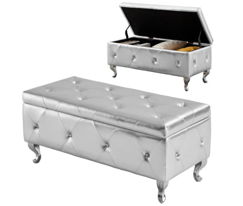 Mikibama PU Faux Leather Bedroom Storage Ottoman Bench End of Bed, Crystal Button Tufted Entryway Window Bench with Seating and Curved Metal Legs (Silver PU) New In Box $219