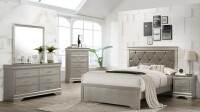 Red Barrel Studio Brightdoon Silver 5 Piece King Bed, 6 Drawer Dresser With Mirror, 2 Drawer Nightstand and 5 Drawer Chest New Floor Model $2499