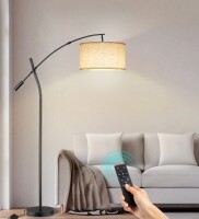 Bicik 72 in. Black Modern 1-Light Dimmable Adjustable Arm Arc Floor Lamp with Beige Linen Drum Shade New In Box $199