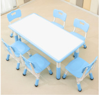 Monleelnom Children's Table and Chair Set Suitable for Boys and Girls Age 2-12 Height Adjustable Table top Can be Painted with 6 Seats Suitable for Family Learning Daily use (Sky blueBlue) New Open Box $299