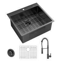 Glacier Bay 25" Drop-In Single Bowl 18 Gauge Gunmetal Black Stainless Steel Kitchen Sink with Black Spring Neck Faucet, New in Box $499