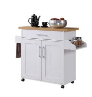 Hodedah Import Portable Kitchen Prep Storage Cart Island with Locking Wheels, Shelved Cabinet, Drawer, Spice Rack, and Towel Holder, White/Beech $299