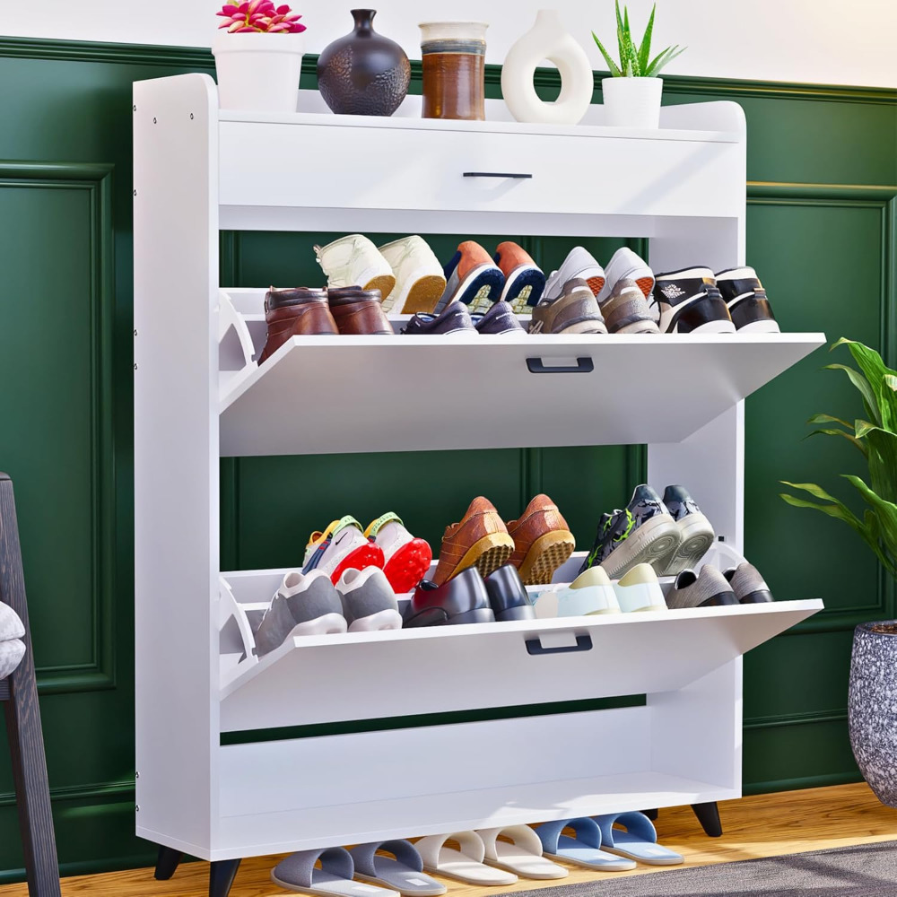 TidyHive Hidden Shoe Rack - White Shoe Cabinet Storage with Drawers ...