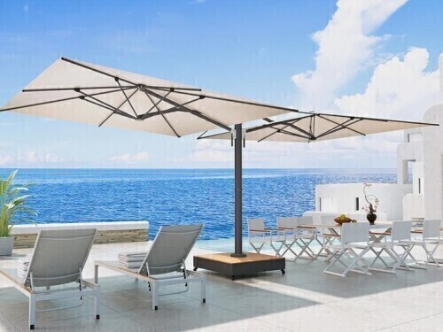 All Modern Menades 10' Square Cantilever Acrylic Double-Sided Commercial Umbrella with Base (2 Boxes) New in Box $1499