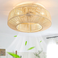 Zheshirui 20" Boho Caged Ceiling Fan with Lights Flush Mount, Low Profile Rattan Ceiling Fans with Lights and Remote Control, Enclosed 6 Speeds for Bedroom, Living Room, Kitchen $299