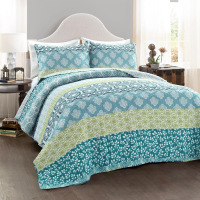 Lush Decor Bohemian Stripe Reversible Cotton Quilt Set, 3 Piece Set, Full/ Queen, Blue & Green - Striped Bedding Set - Blue Quilts Queen Size - Boho Decor New In Box $199