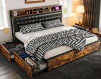 Snhomee Luxury Upholstered Bed Frame with Headboard & 4 Storage Drawers and USB Charging, Silent Design, No Box Spring Needed, Easy Assembly. - Queen New In Box $599
