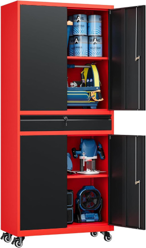 Yizosh Metal Garage Storage Cabinet with Locking Doors and Adjustable Shelves, 73" Rolling Tool Storage Cabinet with 4 Wheels and 1 Drawer for Garage, Warehouse (Red/Black) New In Box $299