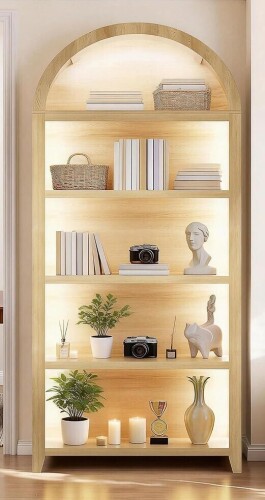 HWB 68.9" Arched Display Bookshelf Cabinet - 5-Tier Open Storage Shelf (Wood) New In Box $399