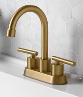 Project Source Larton Brushed Gold 4-in centerset 2-handle WaterSense High-arc Residential Handle Bathroom Sink Faucet with Drain with Deck Plate Similar to Picture New In Box $199