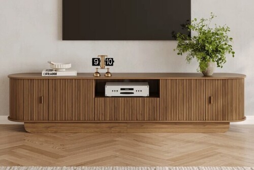 Ebern Designs 86.6" Curved TV Stand for 85 Inch TV, Entertainment Center with Storage, Fluted Media Console with Sliding Doors, Mid Century Modern TV Consoles for Living Room, Bedroom $499