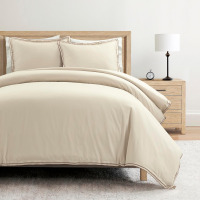 Lush Decor Hampton Double Flange Embroidered Contrast Edge Cotton Duvet Cover Set, 3 Piece Set, King, Neutral & Copper - Luxury Hotel Bedding Set - Beige Duvet Cover - Minimalist Decor New $299