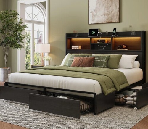 17 Stories Queen Bed With 6 Storage Drawers & Headboard, Platform Bed With Led Lights & Charging Station, Black New in Box $899