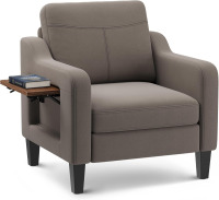 Chairker Modern Linen Upholstered Armchair Side Wooden Fabric Sofa Chair with Foldable Table 2 Side Pockets in Brown New in Box $599