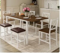 Gracie Oaks Farmhouse Style 7-Piece Dining Table Set For 4-6 People, 63" Extendable Kitchen Table Set With 4 Dining Chairs And 2 PU Upholstered Stools in Walnut New in Box $799