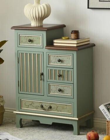Red Barrel Studio Fienley Farmhouse 1-Door Carved Wood Accent Chest With 5-Drawers, Sage Green Cabinet,Rustic Brown Top New in Box $799
