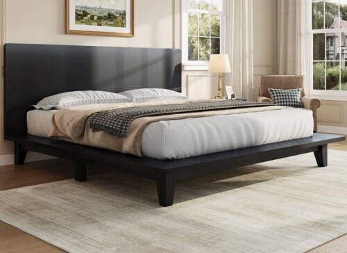 Latitude Run King Platform Bed Frame with Headboard, Wood Slat Support, Sturdy King Bed, Bedroom Furniture, Black New in Box $799