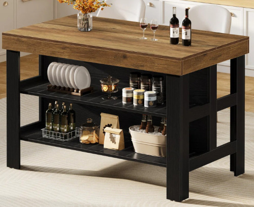 Gracie Oaks Kitchen Island With Storage Shelves For Kitchen Dining Room, Brown/Black $299