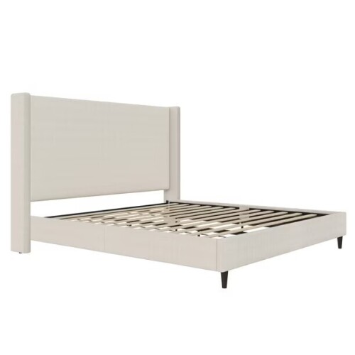 DHP Eveline Upholstered Platform Bed Frame with High Wingback Headboard, King, Textured Ivory Canvas, (2 Boxes), New in Box $699