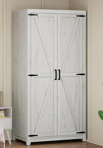Gracie Oaks Bishock 71'' Farmhouse Armoire, Wardrobe Closet Storage Cabinet With Shelf & Hanging Rod, in White Oak New in Box $599